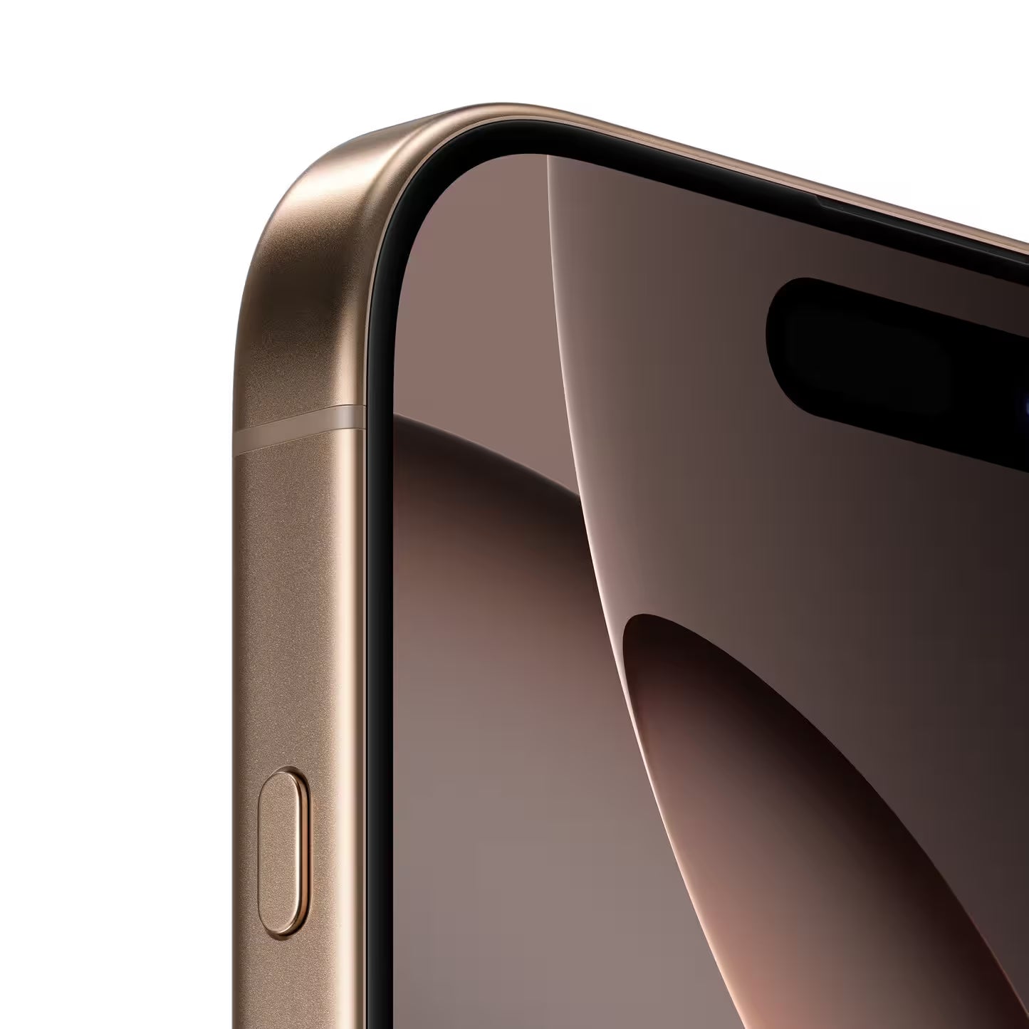 Macro close-up of the top-left corner of the iPhone 16 Pro Max in Desert Titanium highlighting the brushed titanium finish, rounded edge, slim bezel, and partial Dynamic Island with bronze abstract wallpaper.