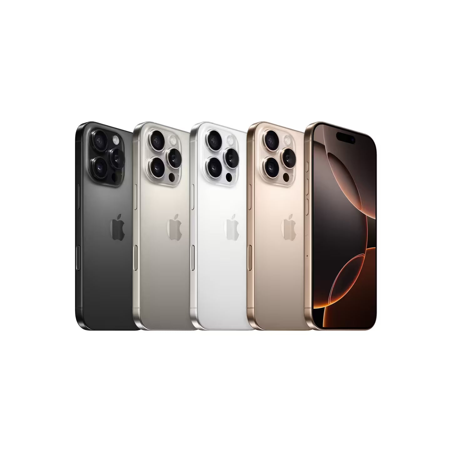 Group view of four iPhone 16 Pro Max models displaying Black, Natural, White, and Desert Titanium finishes, with rear matte glass and triple-camera designs shown, and the Desert Titanium unit revealing the front display with Dynamic Island.