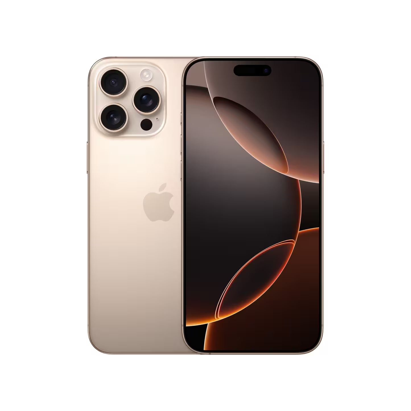 Refurbished Apple iPhone 16 Pro Max in Desert Titanium with 6.9-inch display and Dynamic Island. Features a triple-lens camera system and a pristine matte finish on a titanium frame, shown on a white background.