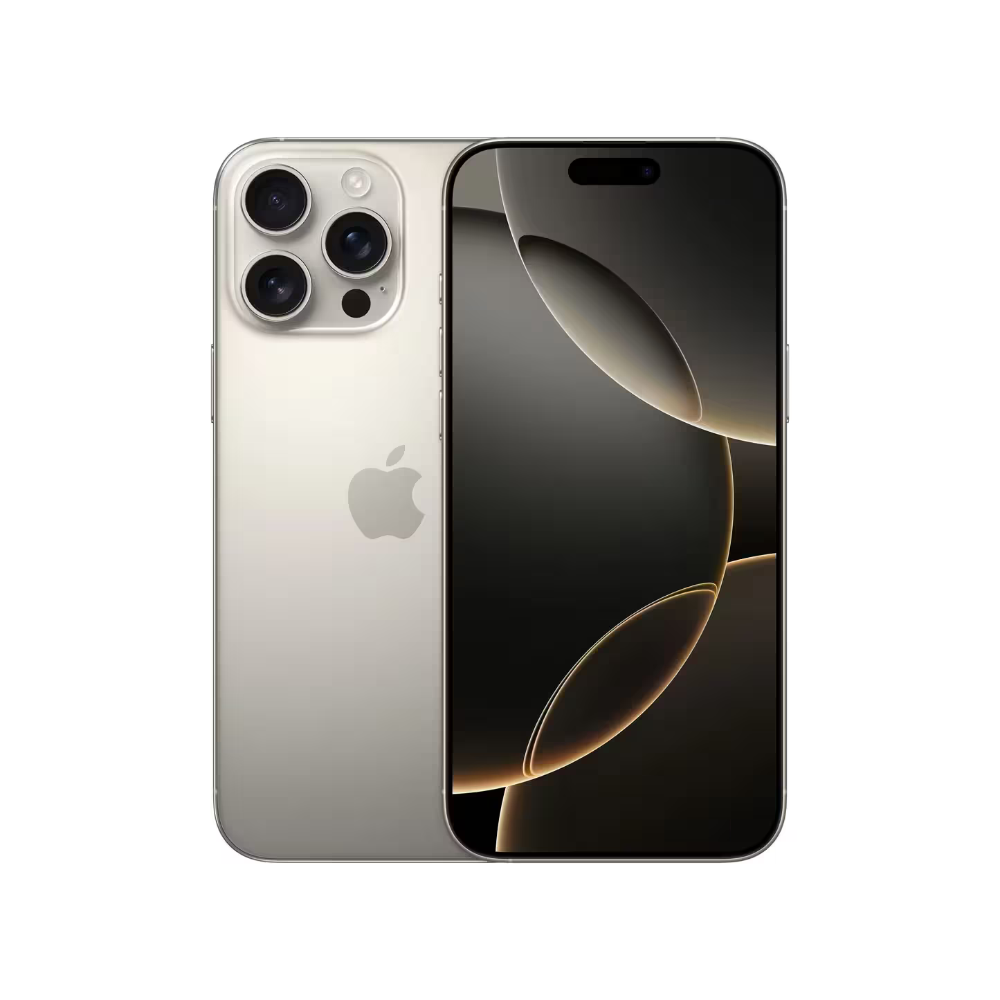 Refurbished Apple iPhone 16 Pro Max in Natural Titanium. A side-by-side view showing the matte glass back with the triple-lens camera system and the 6.9-inch front display with Dynamic Island. The titanium frame is in like new, pristine condition.