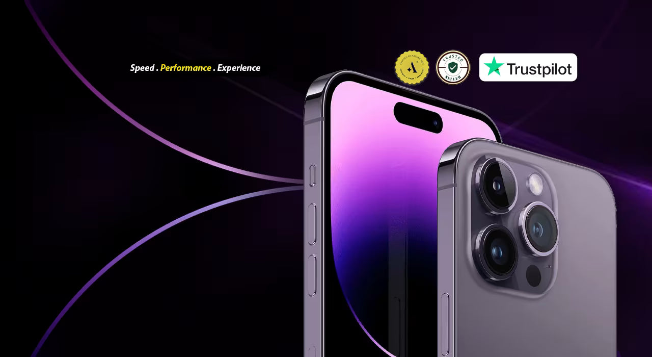 Apple iPhone 14 Pro Max used phone with purple display and Trustpilot rating