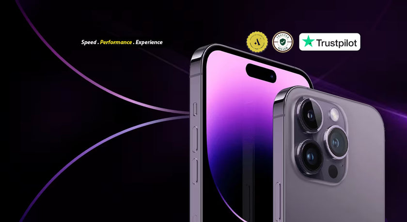 Apple iPhone 14 Pro Max used phone with purple display and Trustpilot rating