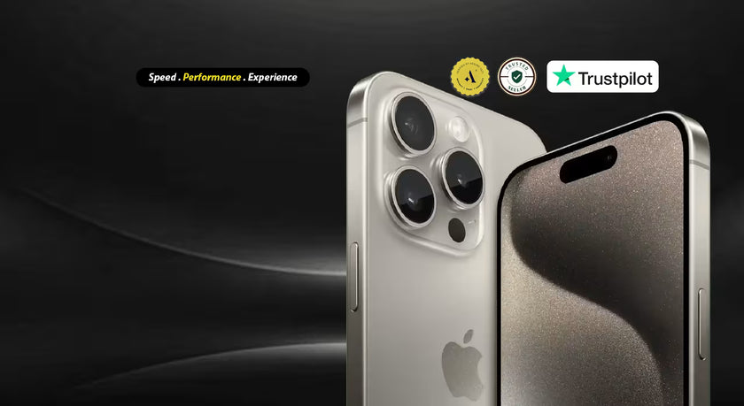 iphone 15 pro max with Apple logo on a dark background, featuring Trustpilot logo and text.
