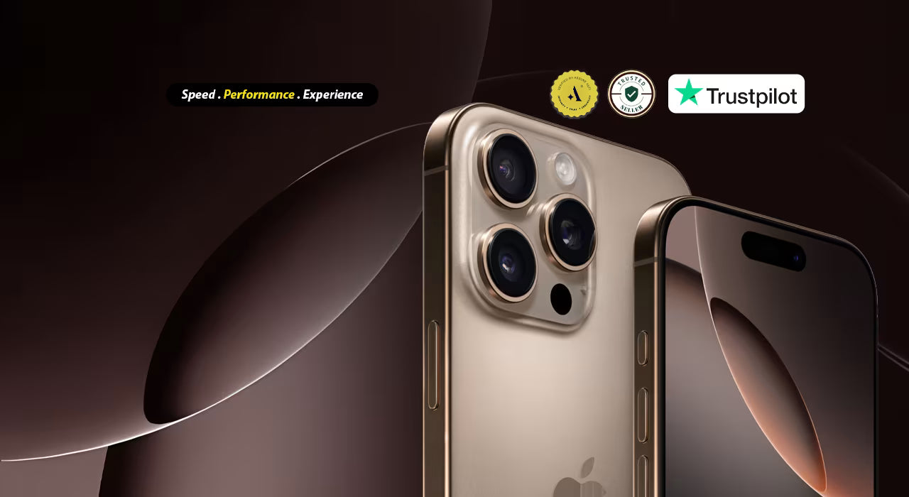 Gold iphone 16 pro max with camera module on a dark background, featuring Trustpilot logo.