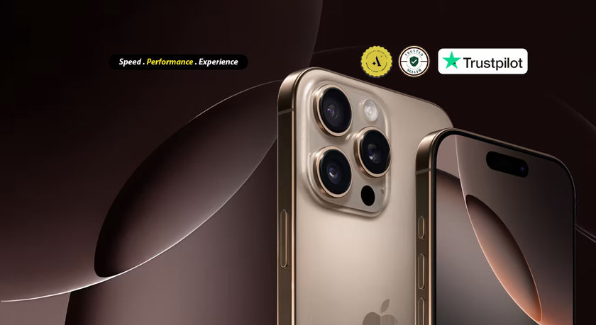 Gold iphone 16 pro max with camera module on a dark background, featuring Trustpilot logo.