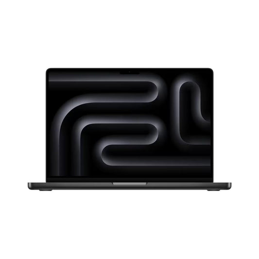 Black apple macbook m4 with abstract design on a white background